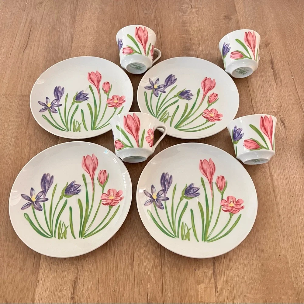 Vintage Crocus Flowers Snack Plates & Cups‎ Set Of 4 (8 PCs) - Japan Sigma Mint
